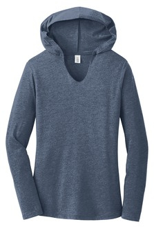 Ladies tri-blend long sleeve hoodie shirt with screen printed logo