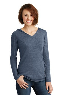 Ladies tri-blend long sleeve hoodie shirt with screen printed logo